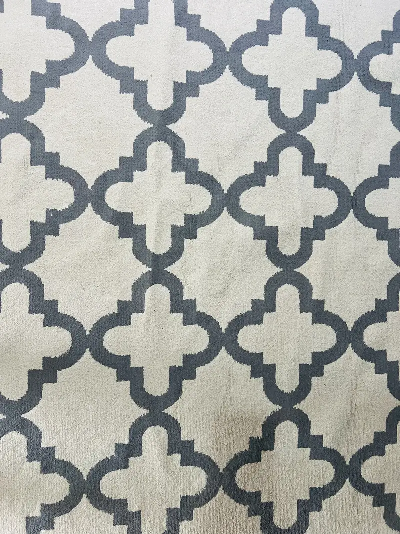 Tapete estampado bege e cinza com manchas e sujeira antes da lavagem